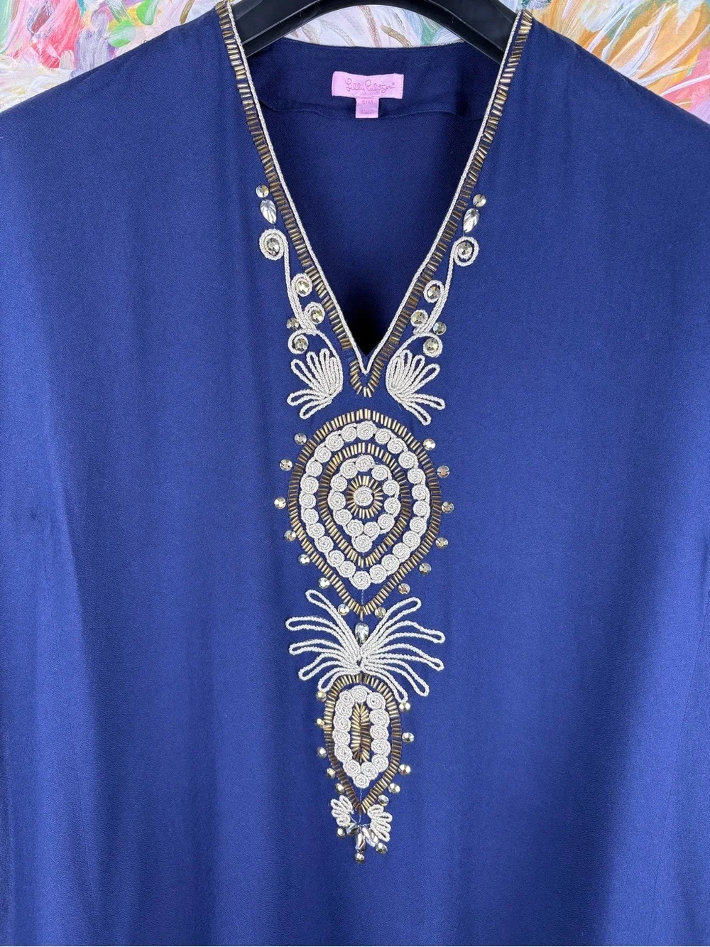 Lilly Pulitzer Embellished Caftan Tunic Dress Navy Blue Gold Beaded S/M - Picture 4 of 10